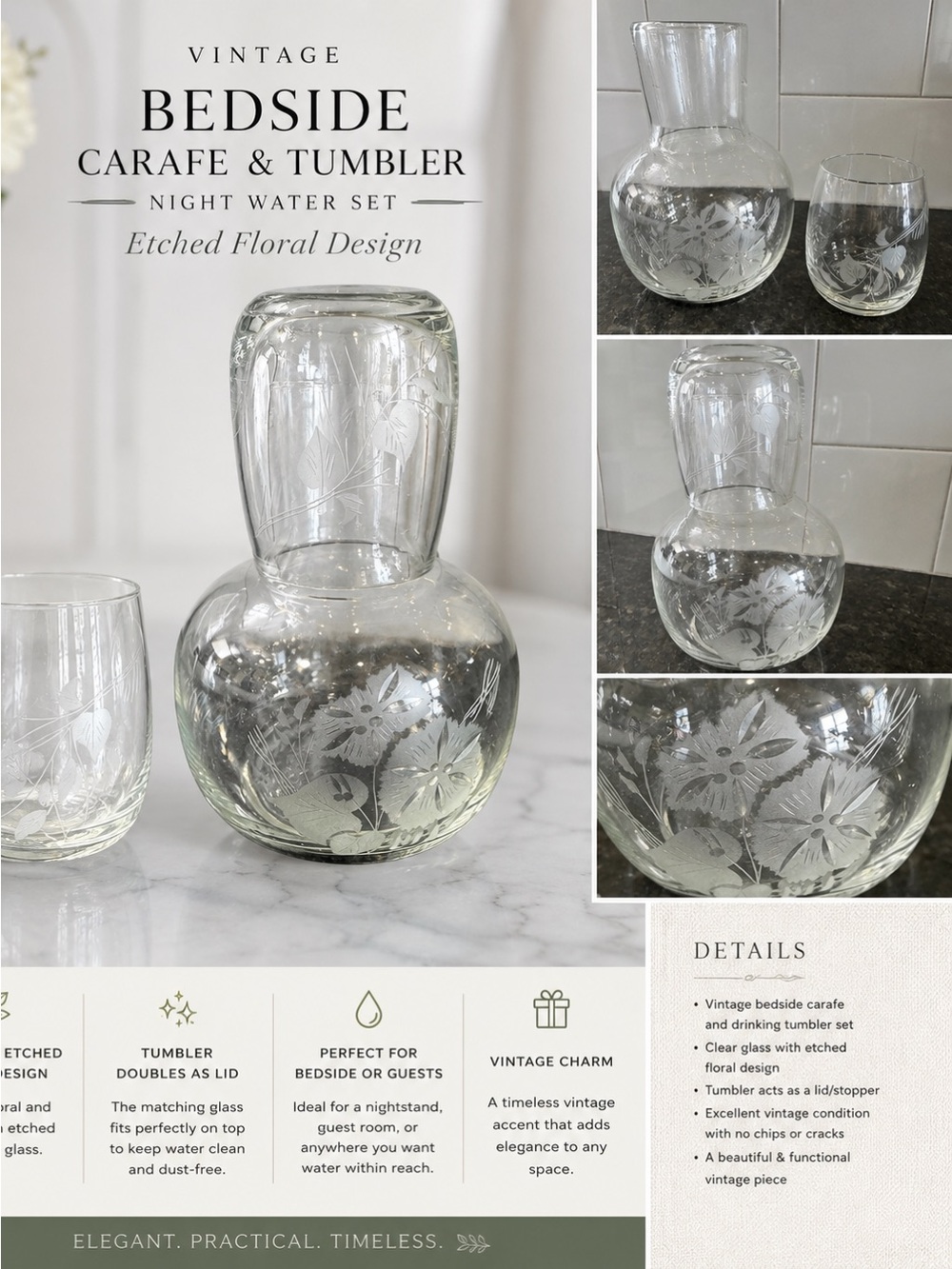 Vintage Etched Glass Bedside Water Carafe & Tumbler Night Decanter Set Floral